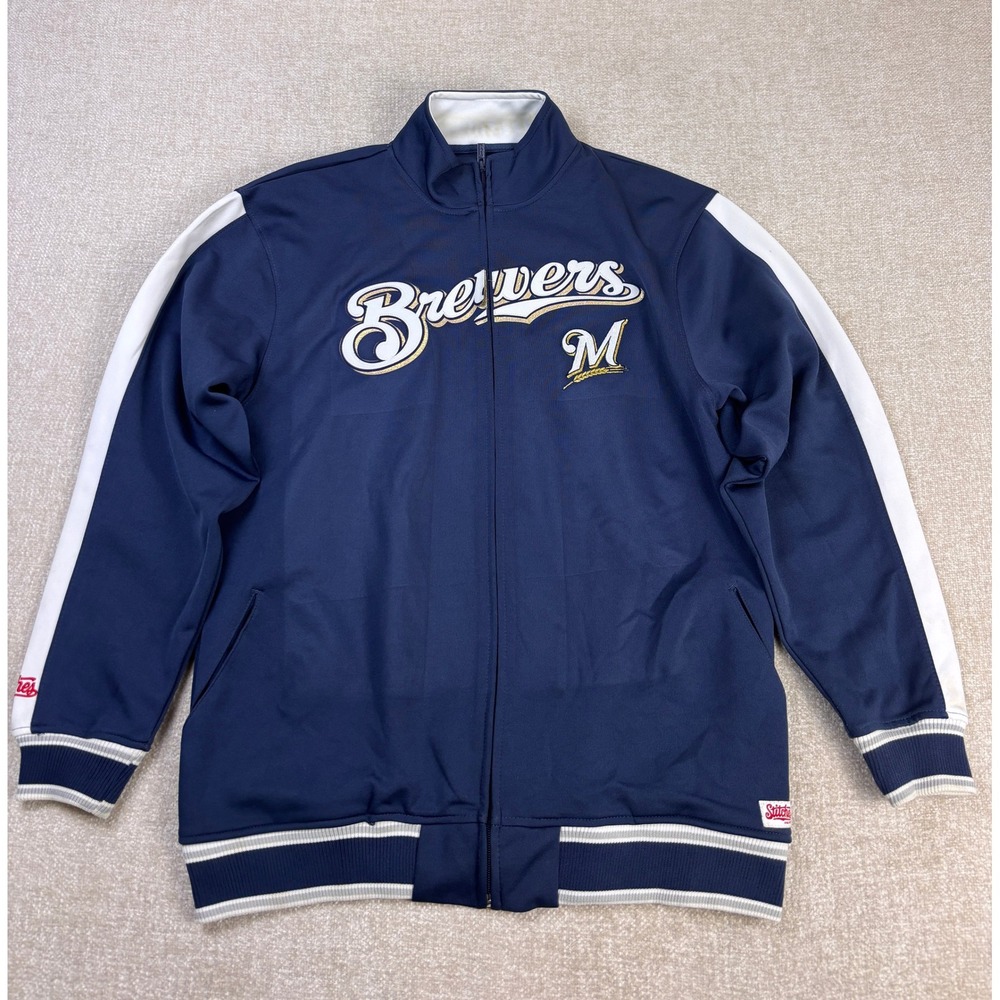 Stitches Mens Milwaukee Brewers MLB Track Jacket Navy Blue Full Zip Medium